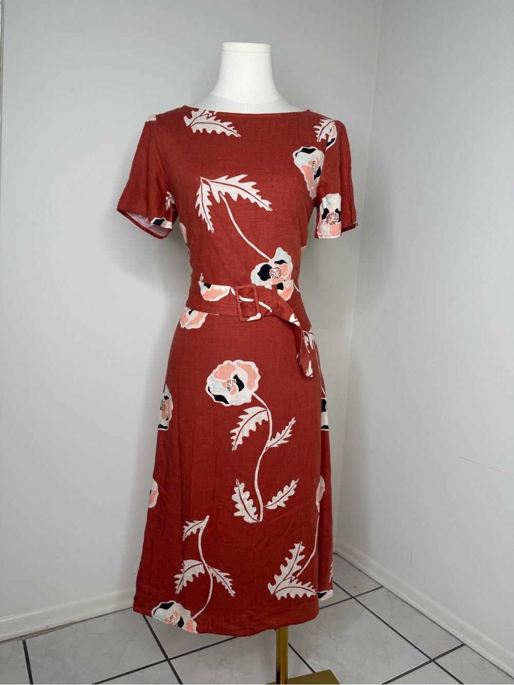 Ann Taylor Rust Floral Midi Dress with Belt - Picture 3 of 10